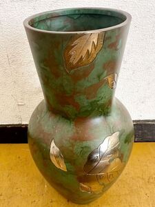 ◆花瓶　象嵌木葉文　峰雲◆高24cm 緑朱　壺　花生 VASE leaf　葉っぱ　木の葉