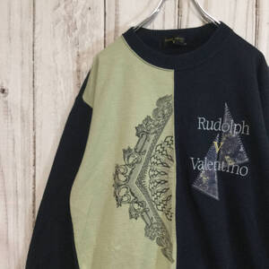 【ルドルフヴァレンチノ 刺繍入りニット】 昭和レトロ 刺繍 アシンメトリー M ネイビー Rudolph Valentino 長袖 古着[231203-005]