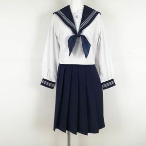 1円 セーラー服 スカート スカーフ 上下3点セット 中間服 グレー3本線 女子 学生服 高知岡豊高校 白 制服 中古 ランクC NA8475