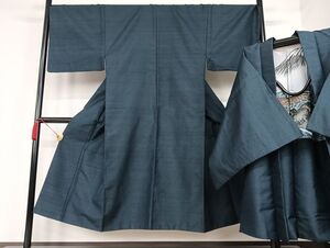 平和屋着物■男性　紬　アンサンブル　藍鉄色　正絹　逸品　AAAK5552Bph