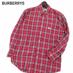 英国製 90s★ BURBERRYS ヴィンテージ バーバリー 通年 ホース刺繍★ 長袖 ノバチェック シャツ Sz.39(M)　メンズ 赤　I4T00130_1#C