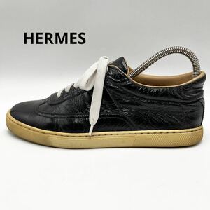 1円 【美品】 HERMES エルメス 【王者の貫禄】 Hロゴ レディース ローカット スニーカー シューズ 靴 レザー エナメル ブラック 23.5cm相当