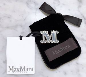 MaxMara マックスマーラ　ロゴ ブローチ ブルーグレー×ゴールド♪