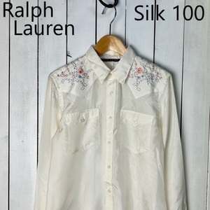 sh●605 90s～00s Ralph Lauren ハンド刺繍 シルク100ブラウス シャツ 7 オールド ヴィンテージ 薄手 長袖 絹 ラルフローレン 生成り S