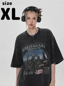 【XL】ヴィンテージ加工 バンド Tシャツ カーキ 地底人オンライン 半袖 ストリート ブラック カジュアル 男女兼用 メンズ