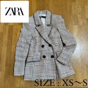 ＊美品【ZARA】レトロデザイン ツイード ダブルブレスト ジャケット Sサイズ