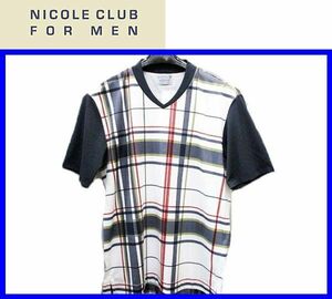 ★50(LL)★\7590〓NICOLE CLUB FOR MEN ニコル〓ポンチ素材チェックプリント半袖Tシャツ92