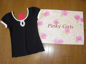 ★新品Pinky Girls★ピンキーガールズ★バック見せパイピング★半袖カットソー黒ブラック★袖リボン