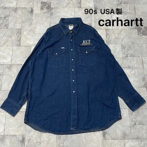 90s USA製 Carhartt カーハート デニムシャツ 企業ロゴ ウエスタンシャツ ビッグシルエット ワークシャツ インディゴ 3XL相当 玉SS2639