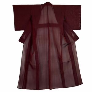 小紋 夏着物 赤黒 縦縞 きもの カジュアル着物 リサイクル着物 kimono 中古 仕立て上がり 身丈162.5cm 裄丈64cm