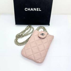 ◆【シャネル CHANEL】 携帯電話ケース　スマホケース　ポーチ　小物入れ　 ラムスキン 　ピンク系　チェーン　斜め掛け　現状品