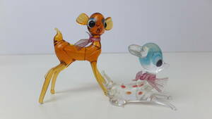◆シカ　鹿　置物　ガラス製　2個　フィギュア　バンビ　オレンジ　クリア　アンティーク　昭和　レア　骨董