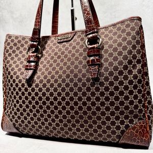 美品/入手困難◎ セリーヌ CELINE メンズ A4収納 トートバッグ クロコダイル型押し マカダム総柄 トリオンフ 肩掛け ロゴプレート レザー