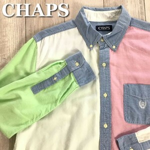 ★状態良好★正規品★【CHAPS チャップス】オックスフォード クレイジーパターン 長袖 BDシャツ[メンズ M]白×ピンク×緑×青 人気 K2-147