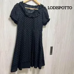 【LODISPOTTO】レディース　ひざ丈　半袖ワンピース　ドット柄　ブラック