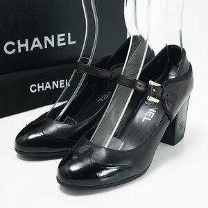 GQ0384△イタリア製*シャネル CHANEL*G26284*ココマーク CC*ストラップ*パテント切替 レザー パンプス*靴*ブラック*size35C 箱付き