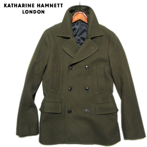 【キャサリンハムネット】 ウールメルトン　ピーコート　Pコート　サイズL　オリーブ　メンズ　ミリタリー　KATHARINE HAMNETT LONDON