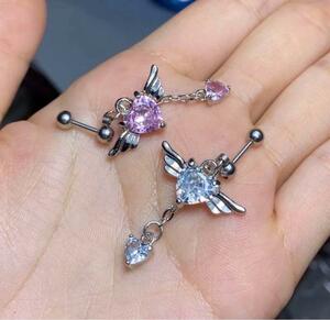 16G 天使の羽 ジルコニア ハート チェーンピアス ドロップピアス ピンク　羽　アクセサリー　新品