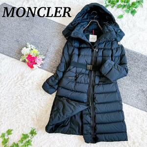 Moncler　モンクレール　ダウンコート LANOUX 3way ベルト フード 黒 0　ロング　ロゴワッペン　女優襟