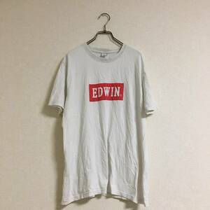 【L】EDWIN エドウィン☆シンプルロゴ レッド☆プリントＴシャツ(白)　古着