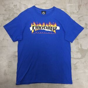 【送料360円】THRASHER スラッシャー 半袖Tシャツ ロゴ ファイヤーパターン メンズ Mサイズ クルーネック 青 ブルー ストリート K-1525