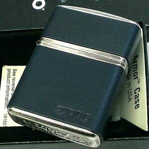 ZIPPO ライター アーマー クラシックレザー 牛革 ダークネイビー 革巻き ジッポ ロゴ おしゃれ 本革 重厚 銀メッキ かっこいい 父の日