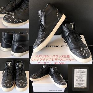 メダリオン・スタッズ★ウイングチップ レザースニーカー ハイカット 25.5 黒 ヒステリックグラマー★シューズ BLACK 靴 HYSTERIC GLAMOUR