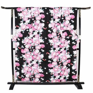 婦人用 浴衣 綿 黒 牡丹 桜 LY3035 新品 フリーサイズ 夏着物 レディース ギフト 6月7月8月9月シーズン 送料込み