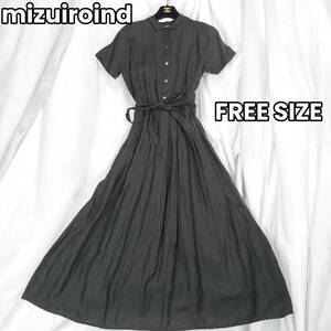 自然派のあなたへ★　mizuiroind ミズイロインド　リネン ワンピース フレア ショートスリーブ ロング 半袖 ベルト 　黒　フリーサイズ