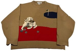 ss59 BURBERRY 80s 90s カシミア混 レディースL 犬 ゴルフ ハイブラ ヴィンテージ おしゃれ 丸首 ニット セーター 総柄