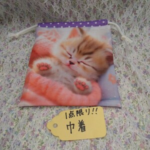 1点限り巾着　紫水玉　お昼寝猫　　パネル生地　可愛い　ハンドメイド