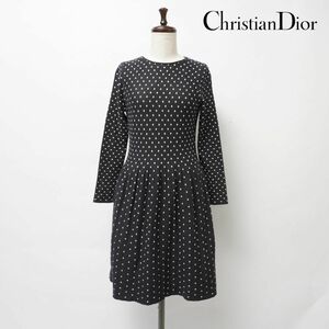 Christian Dior クリスチャンディオール ドット柄フレアワンピース ハート 膝丈 長袖 レディース 黒 ブラック サイズ12*JC1210