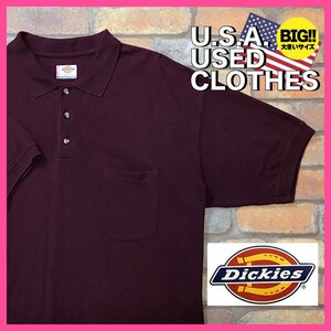 ME13-076★USA買付品★BIGサイズ【Dickies】ポリ混 胸ポケット付 鹿の子 半袖 ポロシャツ【メンズ XL】ワインレッド アメカジ ワーク 古着