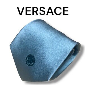 【美品】VERSACE ヴェルサーチ ネクタイ ハイブランド イタリア製 シルク シルク100% ブルー 総柄 メデューサ 光沢