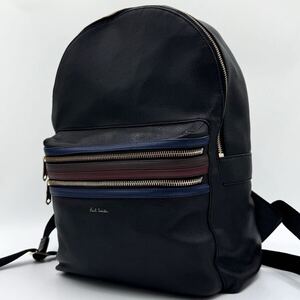 1円【極美品】ポールスミス Paul Smith リュック バックパック ビジネスバッグ マルチストライプ 2way ロゴ オールレザー A4可 黒 ブラック