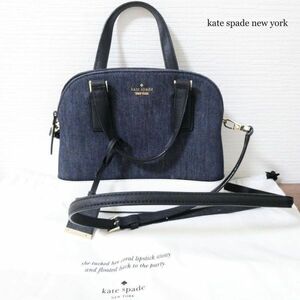 極美品 kate spade new york ケイトスペードニューヨーク デニム×レザー 2WAY ハンドバッグ ショルダーバッグ インディゴ×ホワイト