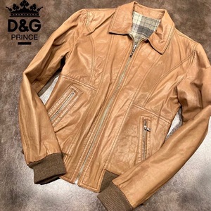 極美品！◆35万DGロゴ【ドルガバのレザー】超レア◎内側ウール生地で極暖！キャメル【D&G】DOLCE&GABBANA レザー ジャケット メンズ 