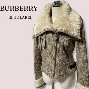 BURBERRY BLUE LABEL ヘリンボーン ツイード ウール ダブルライダースジャケット バーバリーブルーレーベル 38 レディース