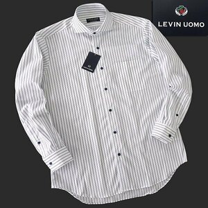 新品 山喜 LEVIN UOMO 形態安定加工 ストレッチ カッタウェイ シャツ L 白紺 【YLD213_456】 メンズ ドレス ワイシャツ ストライプ