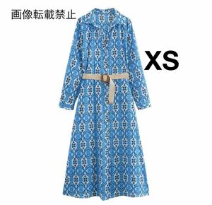 vintage ヴィンテージ レトロ 柄 ベルト付き ロング ワンピース XSサイズ レディース★ZARA 好きな方に★2024 S/S 夏新作 新品未使用★