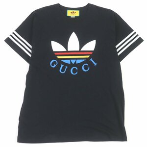 美品□GUCCI グッチ adidas 616036 トレフォイル ロゴプリント スリーストライプス 半袖Ｔシャツ ブラック S イタリア製 正規品 メンズ