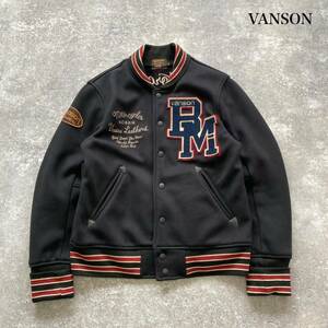 【VANSON / バンソン】スウェットスタジャン ヘビーコットンツイル フライングホイール刺繍 ワッペン ブラック 黒 リンガー 裏起毛 (L)