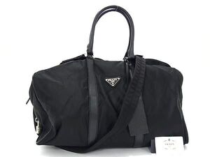 1円 ■極美品■ PRADA プラダ V19S テスートナイロン×サフィアーノレザー トラベルバッグ ハンドバッグ ショルダー ブラック系 FJ2649