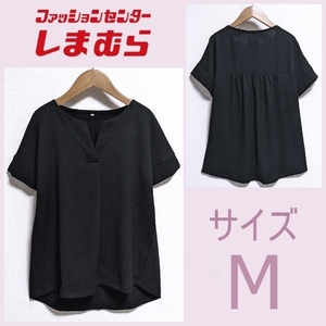 新品 未使用 しまむら 半袖 キーネック カットソー M ブラック ブラウス 黒 9号 五分袖 5分袖 Tシャツ チュニック プルオーバー Vネック