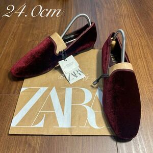 新品 ZARA ベロア オペラシューズ 24.0cm 37 レディース ザラ パンプス シューズ スクエアトゥ 細見え タグ付き