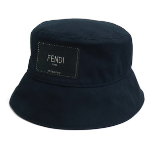 （中古）フェンディ FENDI ロゴ デニム バケット ハット 帽子 Mサイズ コットン100％ ネイビー 紺 FXQ801