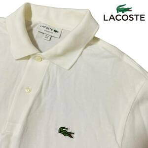 人気Lサイズ相当【LACOSTE】爽やか◎白/ホワイト 半袖ポロシャツ 鹿の子 ラコステ ロゴワッペン 極上コットン100% ストレッチ 美品◎