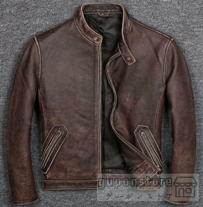 高品質 ライダースジャケット レザージャケット 牛革　ヴィンテージ vintage　バイクジャケット本革 革ジャン Ｍ～4XLダークブラウン