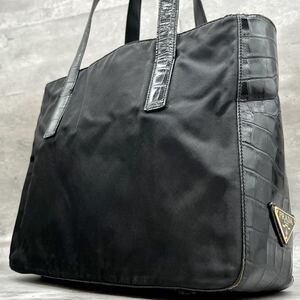 1円〜【美品】プラダ PRADA トートバッグ ハンドバッグ クロコ 型押し 三角ロゴ レザー メンズ 黒 ブラック ゴールド金具