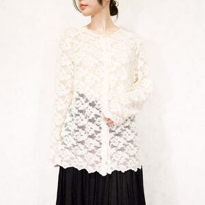 USA VINTAGE GEMILLI ALL LACE DESIGN NO COLLAR SHIRT CARDIGAN MADE IN USA/アメリカ古着総レースデザインノーカラーシャツカーディガン